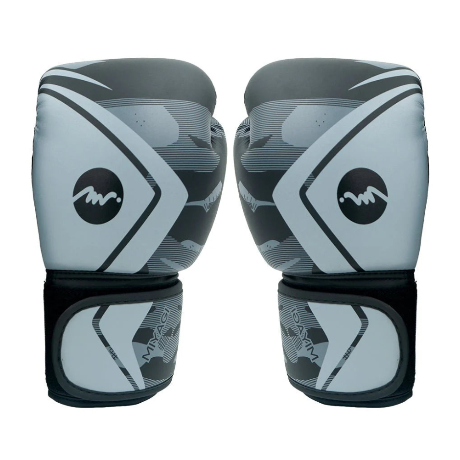 Guantes de boxeo Miyagi MX172 negro y gris, entrenamiento y saco, vista frontal