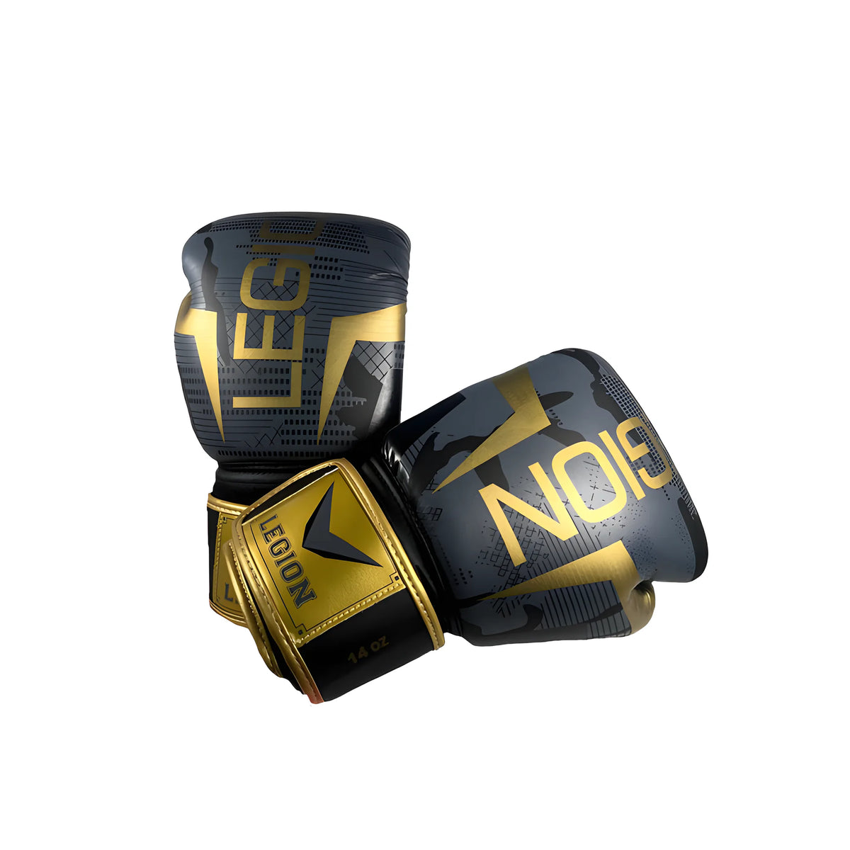 Guantes de boxeo Legión Camuflado Negro-Dorado, vista frontal del par