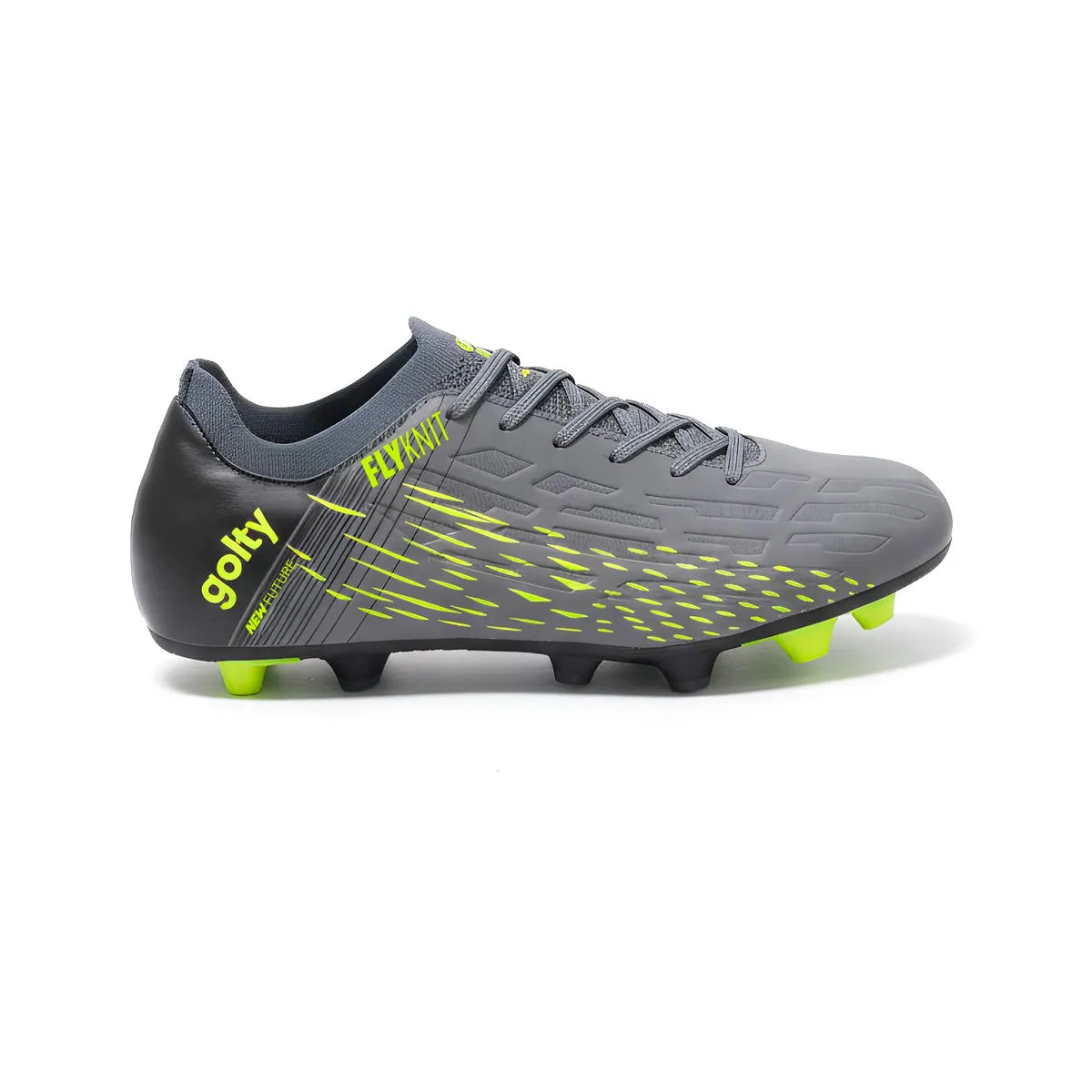 Guayo de fútbol Golty New Future Flyknit color negro y verde, vista de la suela con tacos