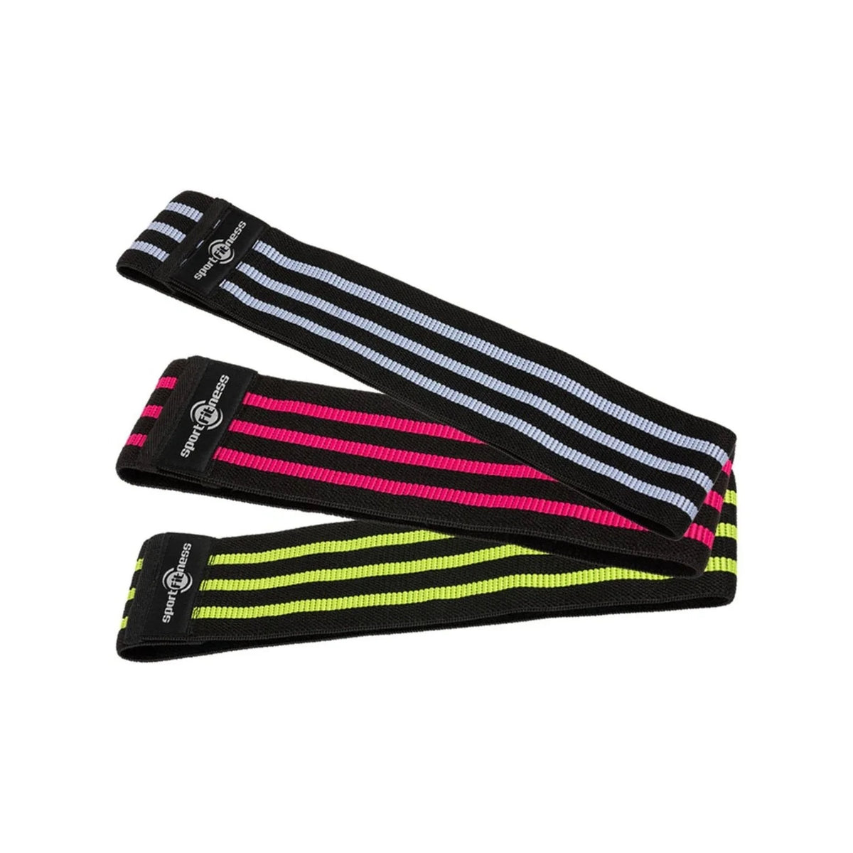 Set de bandas elásticas en tela SportFitness antideslizantes, 3 niveles de resistencia, vista completa del set