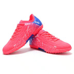 Zapatilla torretín de fútbol Golty New Future Flyknit color rojo y azul, vista lateral